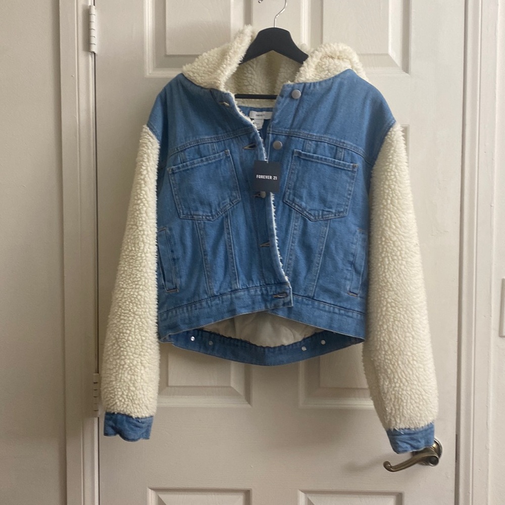 denim fuzzy sleeve/hood jacket